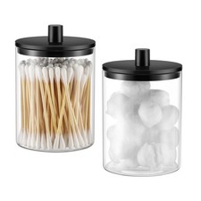 TIPGO Glass Qtip Holder Dispenser - 10 oz Clear Canister 2 Pack, Black