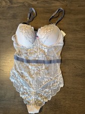New SOPHIE B Unlined Lace Mesh Light Gray Thong Teddy Womens Sz Large