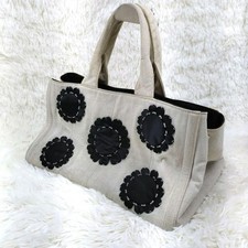 Authentic PRADA Canapa Canvas Flower Applique Tote Shoulder Handbag