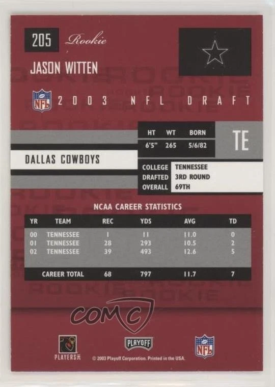 2003 Playoff Prestige Rookie Jason Witten #205 Rookie RC - Image 2 of 2