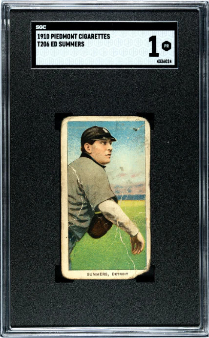 1909 T206 ED SUMMERS NNO POOR PIEDMONT 350 SGC 1 BASEBALL DETROIT TIGERS