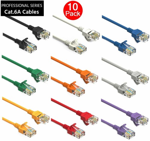 10 Pack CAT6a Slim RJ45 Network LAN Ethernet Copper Wire Color Patch LOT Cable - Afbeelding 1 van 10