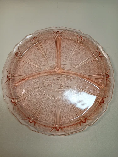 Vintage 9.5" Jeanette Pink Cherry Blossom Depression Glass Divided Platter
