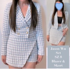  400 SET JASON WU Boucle Tweed cropped blazer skort Blue White Gold Button 8
