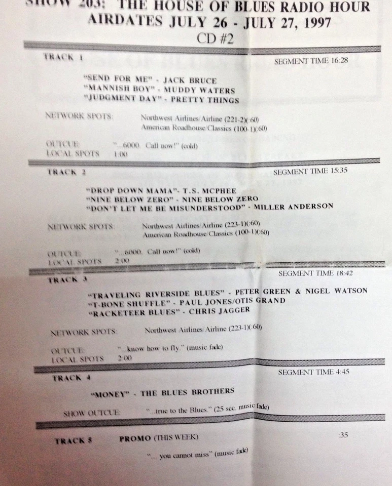 RADIO SHOW: HOUSE OF BLUES 7/26/97 KNIGHTS OF THE BLUES TABLE THEME; JACK BRUCE - Image 2 of 2