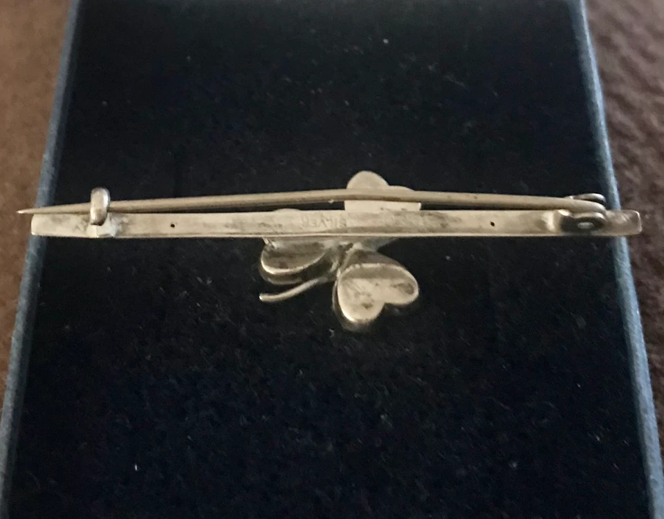 PLATA REAL ESTAMPADA VINTAGE/ANTIGUA? Broche trébol barra suerte con piedras verdes Foto 2 de 3