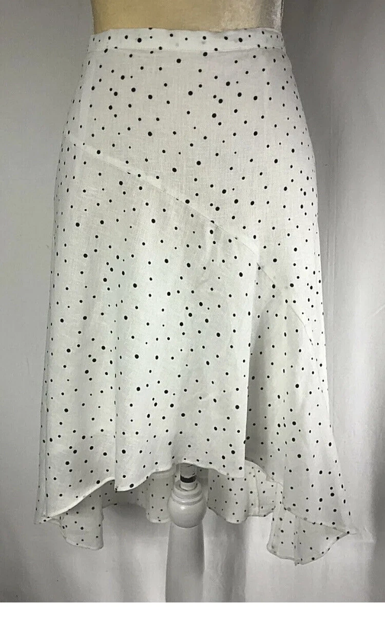 Gianni Bini GB Skirt Flare Midi 12 Hi Low Linen White Black Polka Dot New $119