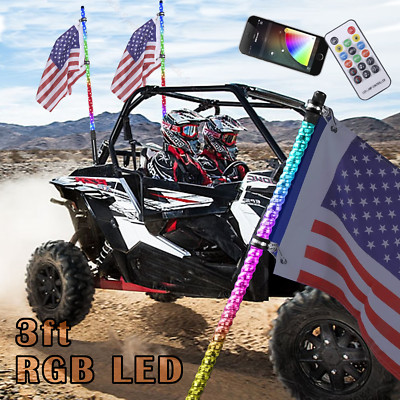 2x 3FT LED RGB Spiral Chasing Whip Lights Antenna + Flag For Can-Am Maverick