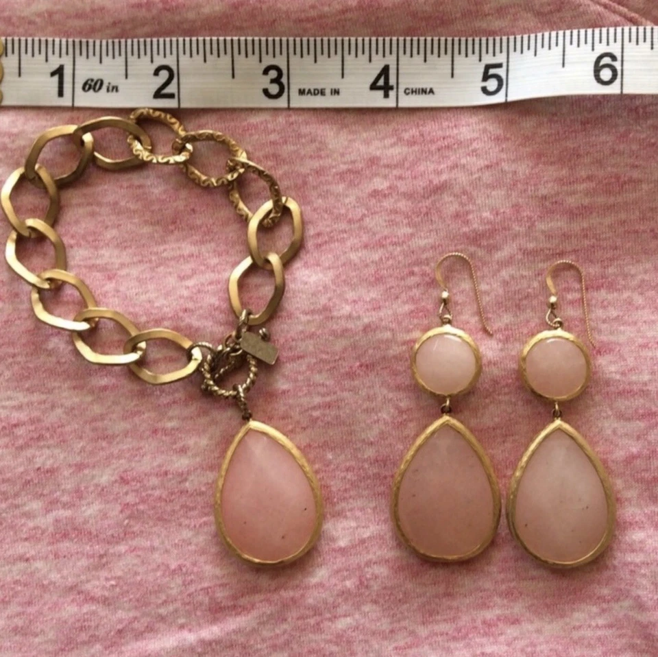 Juego de pulsera y pendiente de cuarzo rosa para mujer 14k cables GF, carcasa 14k GP Foto 3 de 4