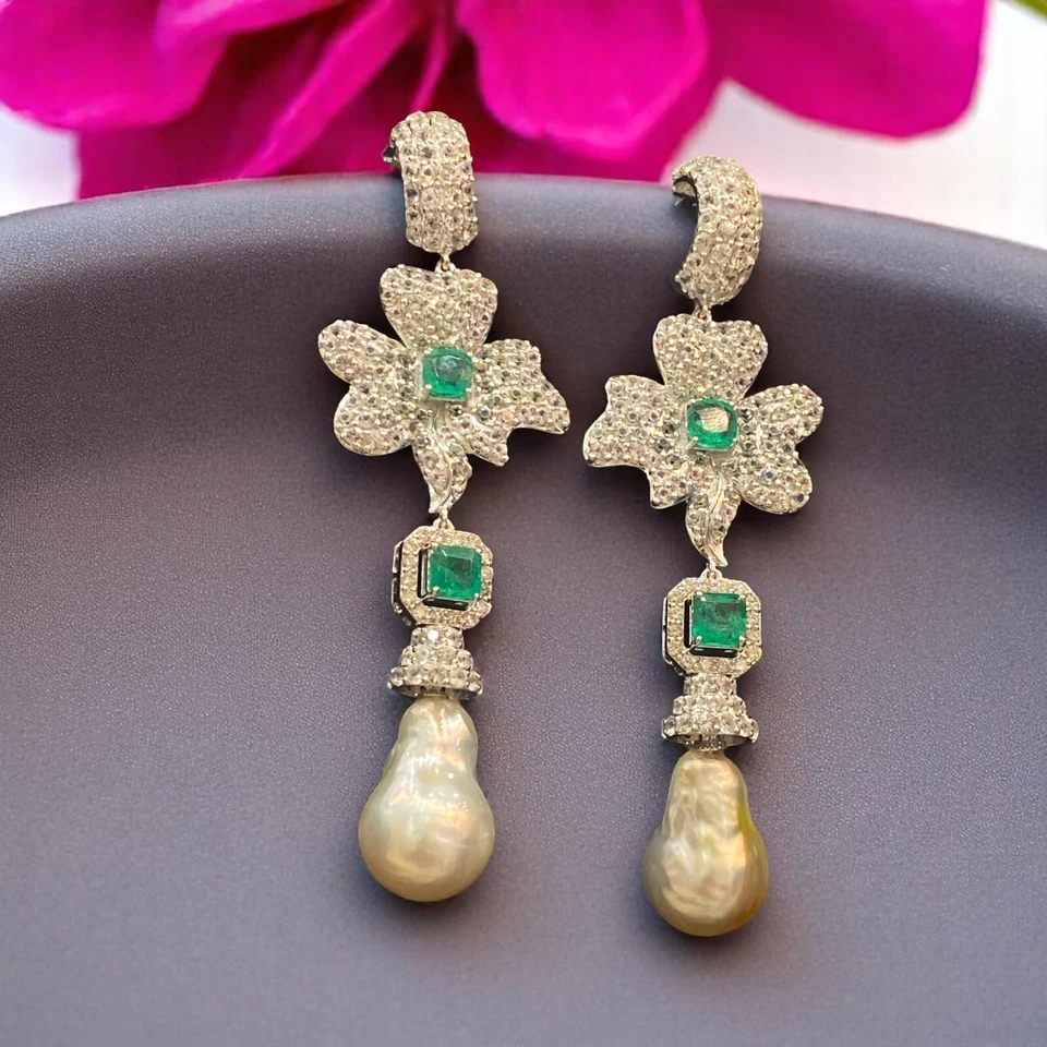 48,60 Karat Natürliche Weiß Saphir Smaragd-Perle Fleur Baumeln Ohrringe 18K Gold - Bild 3 von 4