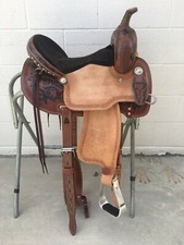 Western Brown Leather Hand Carved Ranch Roper Saddle with Black Padded Seat