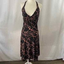 Forever 21 Black & Gold Abstract Halter Neck Dress Deep V Neck Swing Skirt