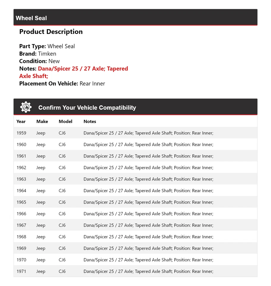 For 1959-1971 Jeep CJ6 Wheel Seal Rear Inner Timken 1960 1961 1962 1963 1964 - Image 2 of 4