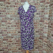 KIM&Co Dress Purple White Size Large Faux Wrap Stretch Knee Length
