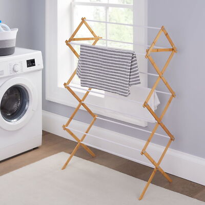 US Bamboo Wooden Laundry Hanger Clothes Drying Rack Space-Saving Indoor Outdoor