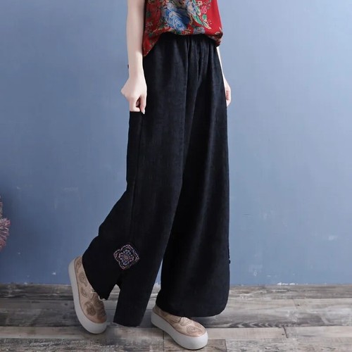 Retro Women Cotton Linen Casual Loose Chinese Embroidered Wide Leg Pants Trouser - Picture 22 of 28