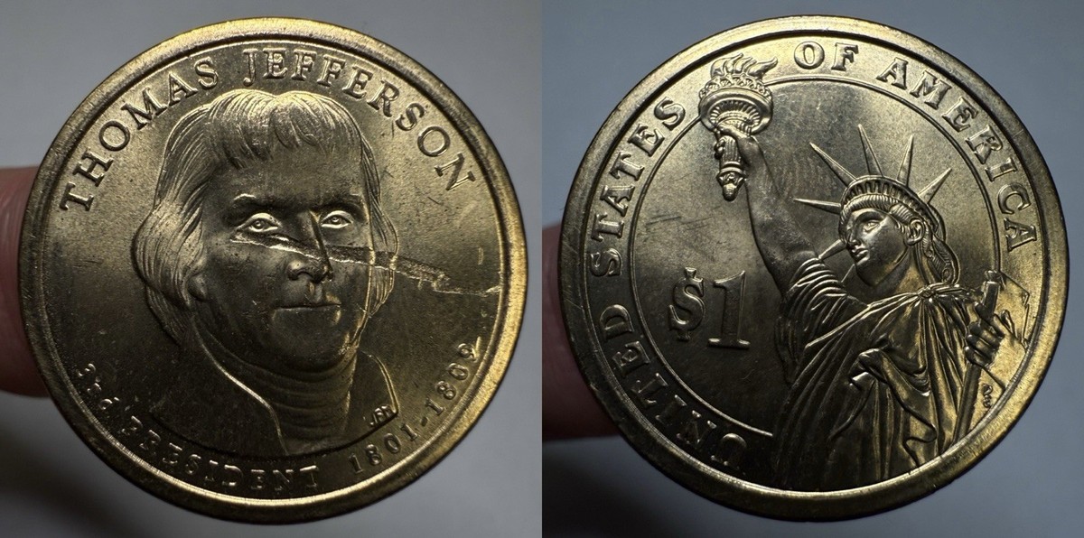 2007 D Thomas Jefferson Dollar Struck Through Mint Error Coin $1