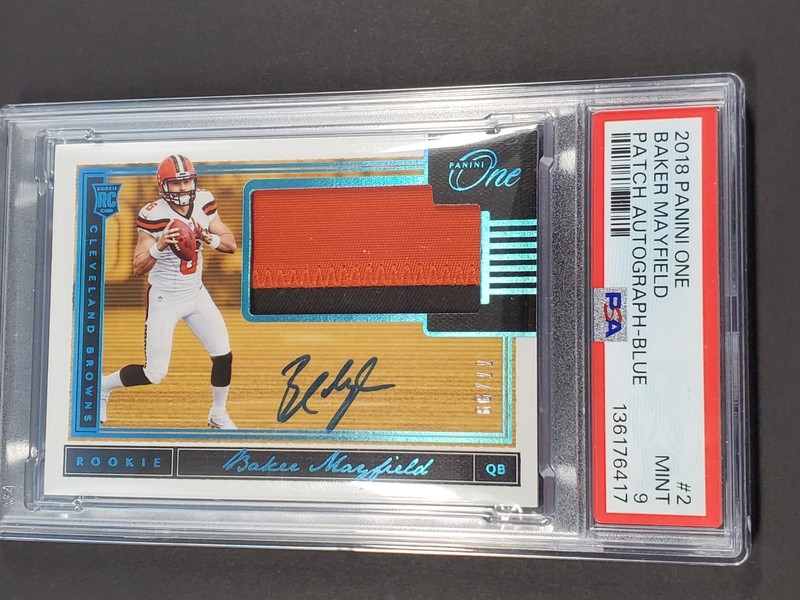 2018 PANINI ONE BAKER MAYFIELD BLUE ROOKIE AUTO PATCH SIGNATURE SP /99 PSA 9
