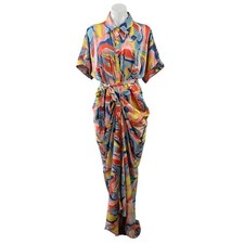 Fashion Nova Hailey Multicolor Abstract Button Up Belted Tie Maxi Shirt Dress M