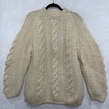 Vintage Wool Irish Cable Knit Fisherman Sweater Men L Cream Ivory Crewneck