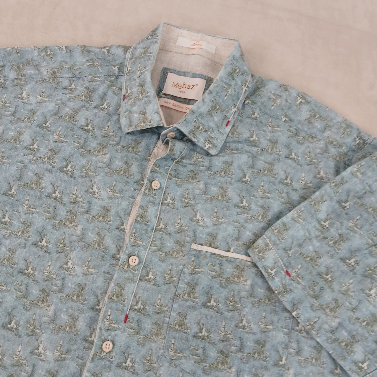 Mebaz India 38 Medium Mens Shirt Button Up Short Sleeve Linen 22x28 Geometric