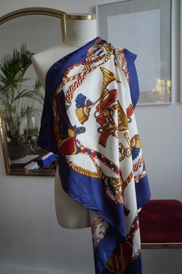 Vintage Feliciani 100% Silk Scarf 90 x 90   Navy & Ivory Sailor, Hand Rolled Hem