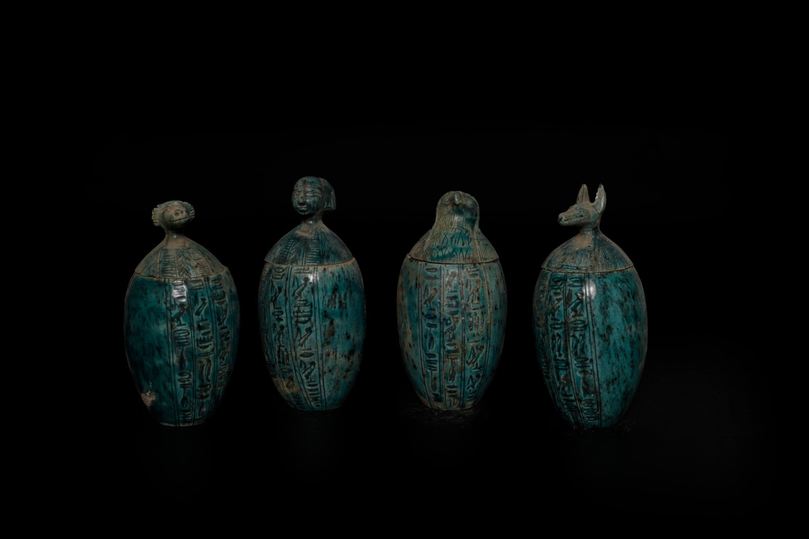 Ancient Egyptian Antiques Canopic Jars Set Blue Faience Horus Burial Vessels BC