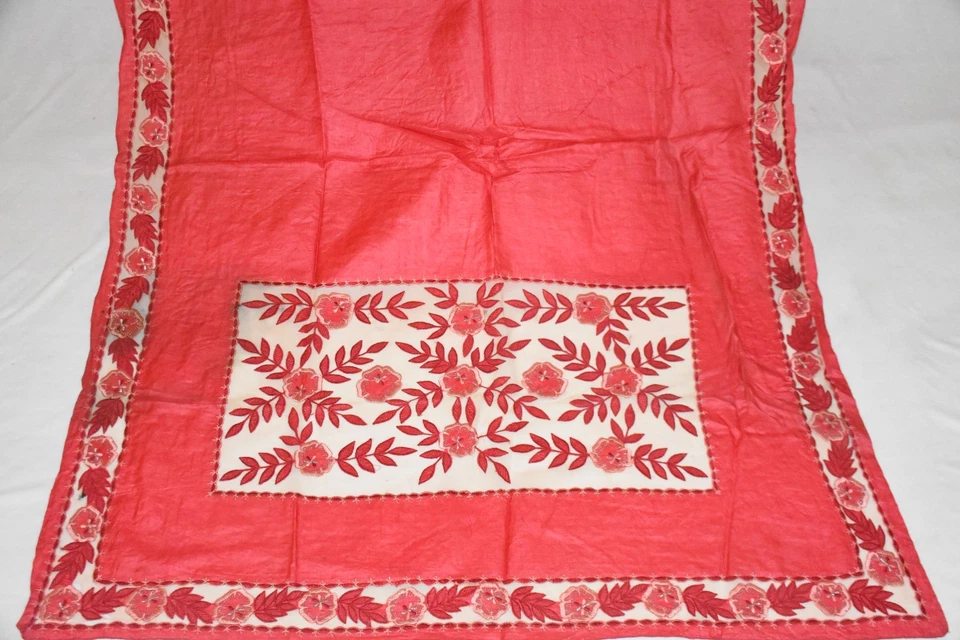 Sari Exótico Diseño Floral Lentejuelas Corte Bordado Trabajo Rojo Pura Seda Foto 3 de 4