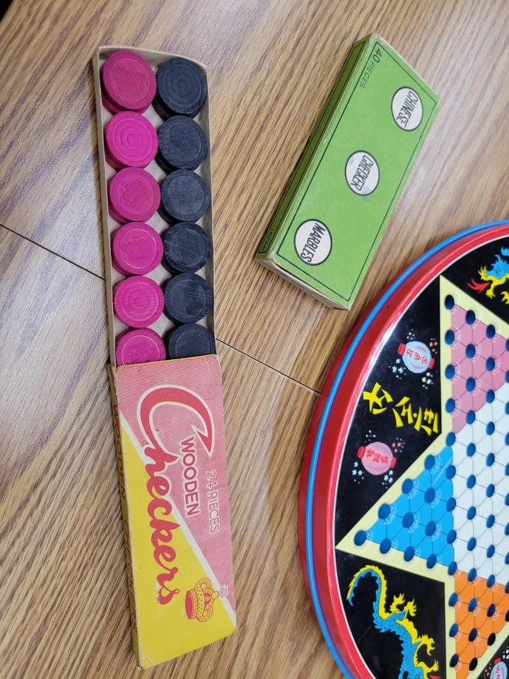 Vintage Chinese Checker Game Round Metal Tin Round Board  With Checkers, Marbles - Image 4 of 4
