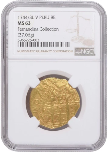 PERU 8 ESCUDOS 1744/3L V ONLY 1 GRADED NGC MS 63 Fernandina Collection 27.06g