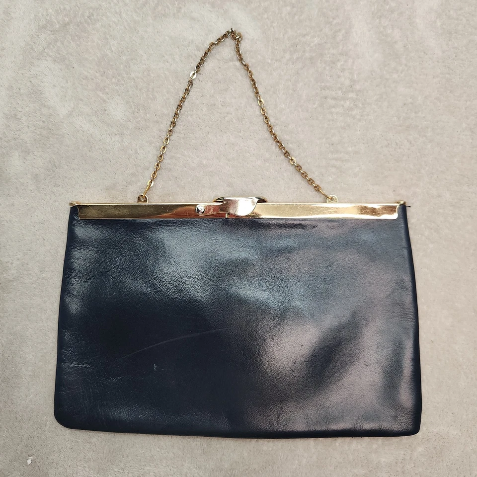 Bolso de Noche Vintage Etra Cuero Genuino Negro Tono Dorado Cadena Cierre Cuadrado Foto 2 de 4