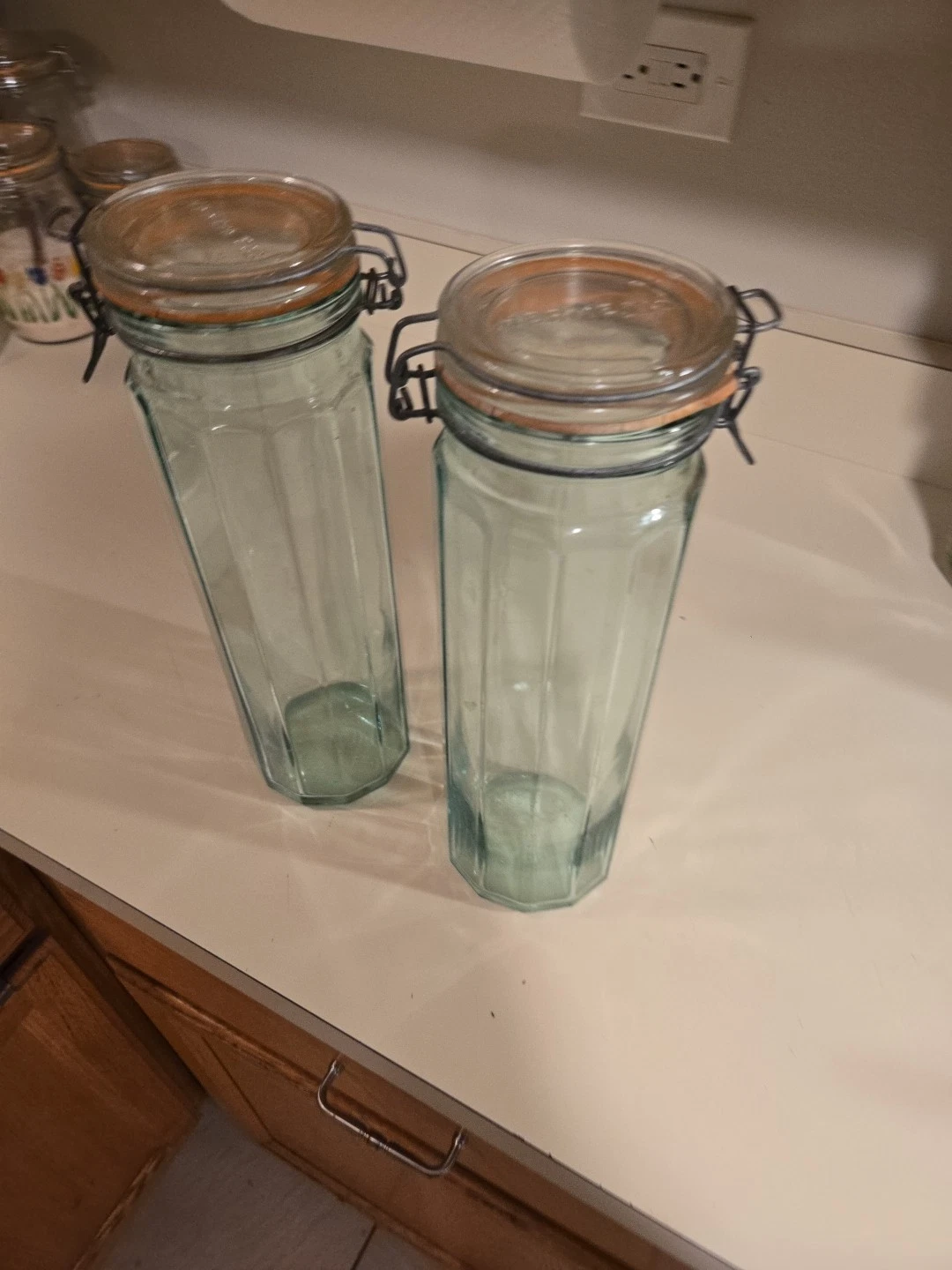 Vintage Hermetic Green Panel Glass Food Storage Jar Made In Italy 13” - 2 Jars