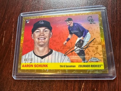 2025 Topps Chrome Platinum Aaron Schunk Platinum Toile Cream/Gold Refractor /50