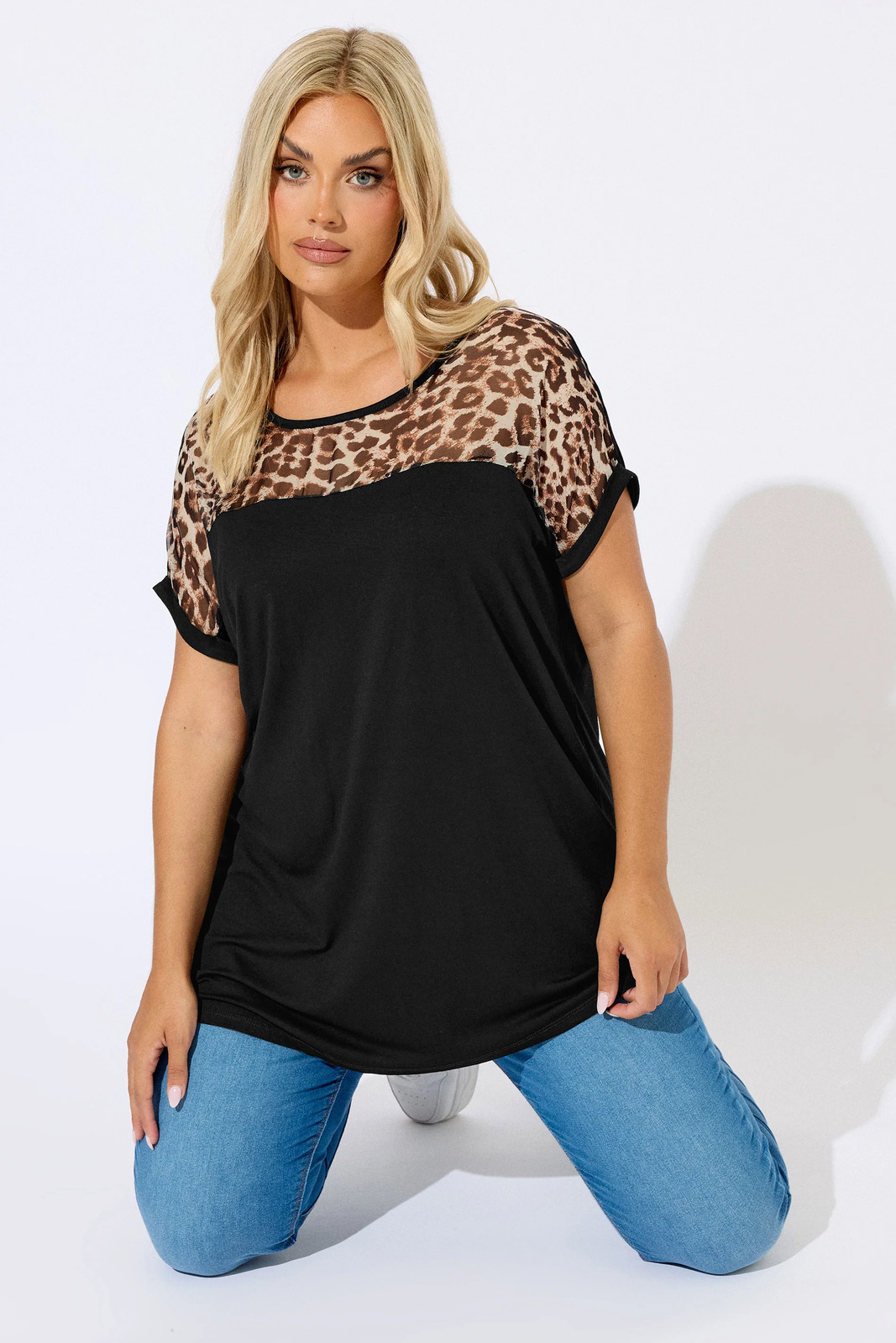 Yours Curve Women's Plus Size Leopard Mesh Panel Top