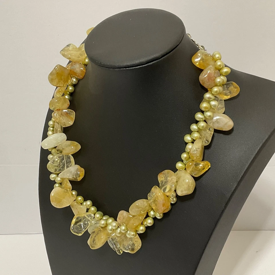 Collar de plata de ley de 2 hilos de perlas genuinas Chartreuse pepita de citrino dorado Foto 3 de 4