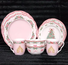 8 PINKMAS Dinner Salad Plate Mug Bowl Pink Bows Christmas Tree Porcelain 222 5th
