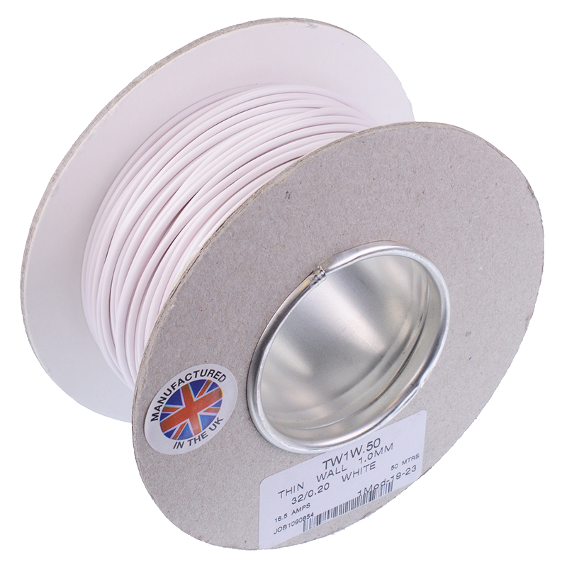 White 1mm Thin Wall Cable Wire 32/0.2mm 50M Reel 16.5A