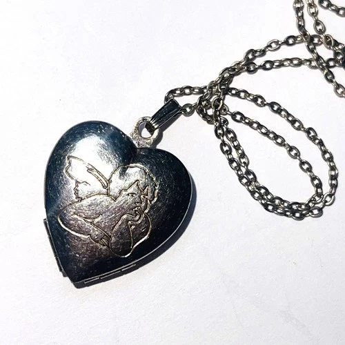 Vintage Heart Locket Pendant Necklace 4 Panel Japan 18" Cherub Costume Jewelry