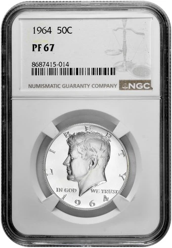 1964 50c Silver Proof Kennedy Half Dollar NGC Graded PF 67 with Light Cameo OBV