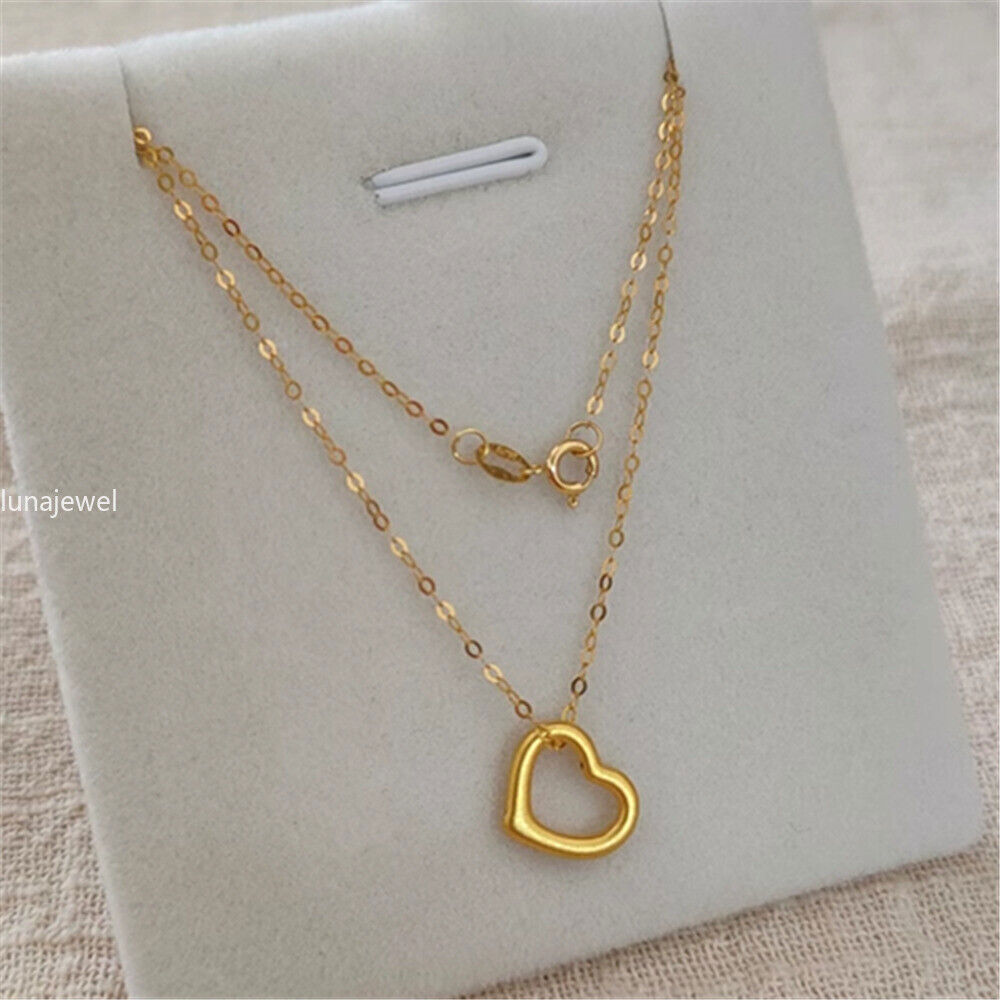 Pure 999 24K Yellow Gold Lucky Heart Pendant With 18K O Link