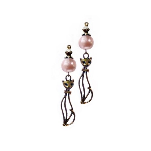 Earrings Boho vintage style cat charm and pearl, COLOR CHOICE clip on or pierced - Picture 16 of 20