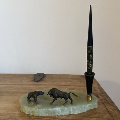 Antique German Bull & Bear Miniature Bronzes Stock Market Onyx Desk Pen Holder