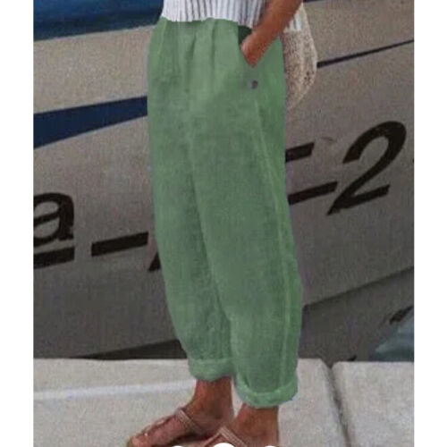Damen Sommer einfarbig Baggy Bloomers Hose Freizeit Baumwolle Leinen gerade Hose - Bild 1 von 18