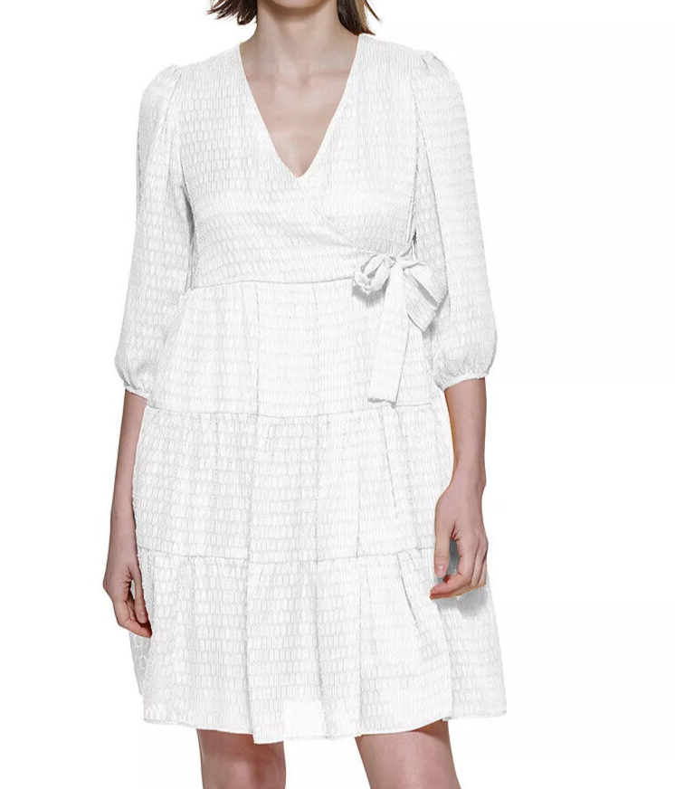 Calvin Klein Dress 12 Cream Ivory Chiffon Faux Wrap A-Line Tie Waist NWT