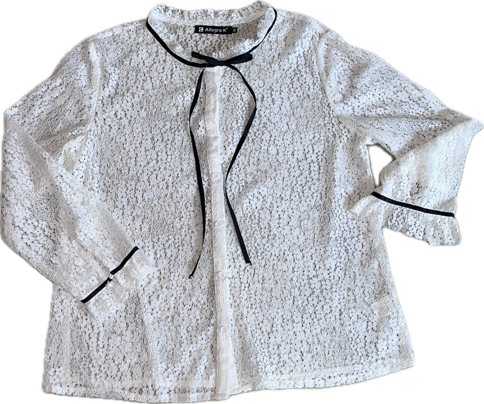 Camisa de encaje manga larga con botones cuello volantes Allegra K para mujer talla M Foto 2 de 4