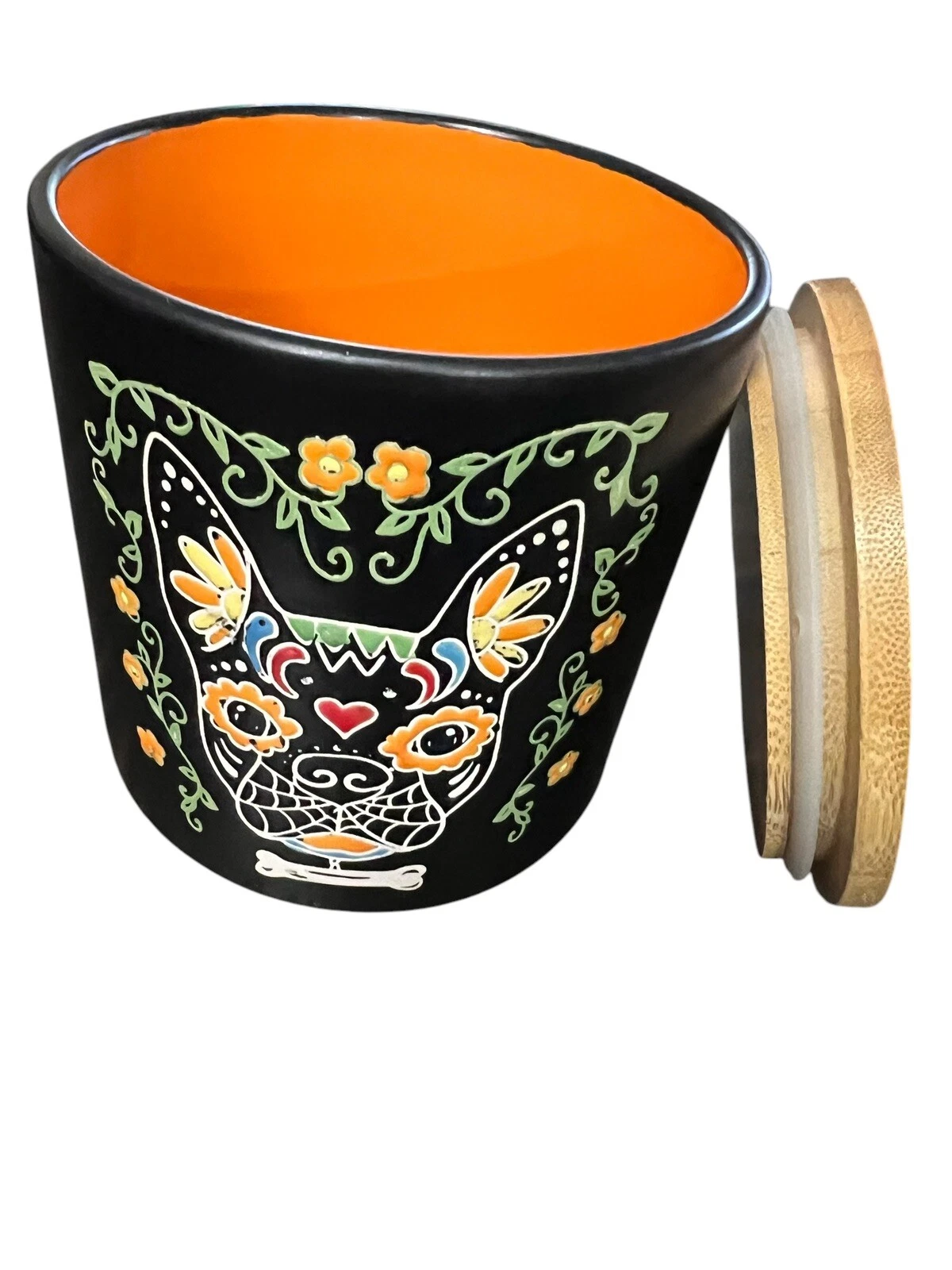 Calvin Sugar Skull Day Of The Dead Canister With Lid 5” Dog Orange Interior