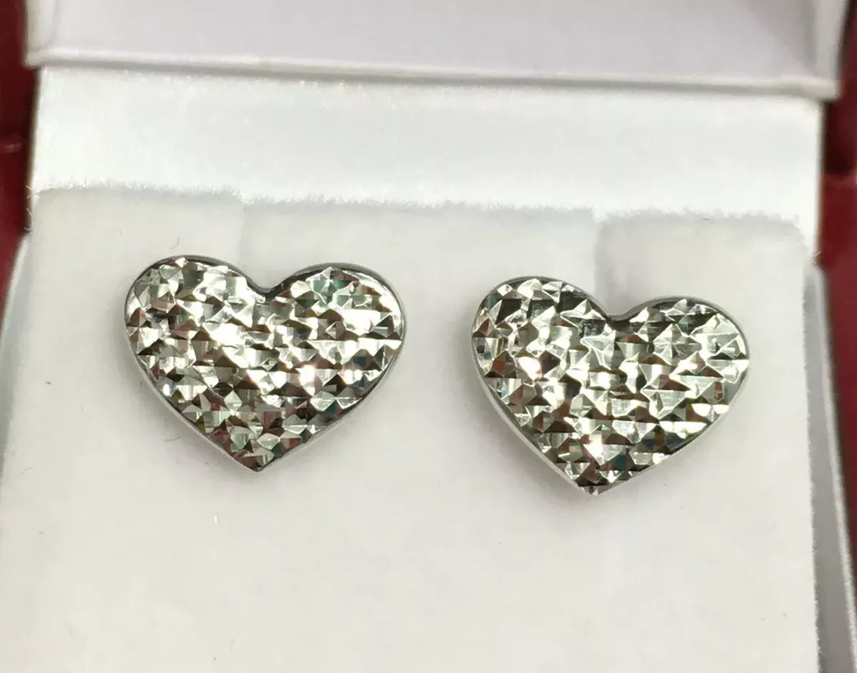 18k Solid White Gold Heart Stud Earrings Diamond Cut 1.45 Grams