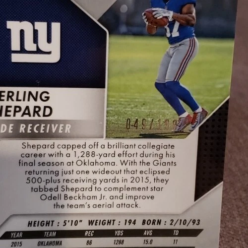 2016 PANINI PRIZM STERLING SHEPARD BLUE PRIZM ROOKIE /199 ~ #300  - Image 3 of 3