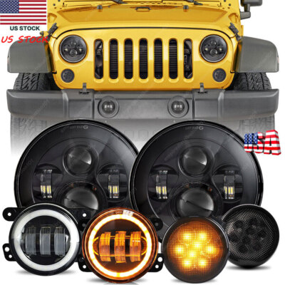 2007-2017 for Jeep Wrangler JK Combo 7'' Round Led Headlights Fog Lamps Turn Set