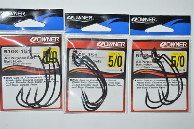 3 packs owner all purpose soft bait wide gap hooks size 5/0 4 per pack 5108-151